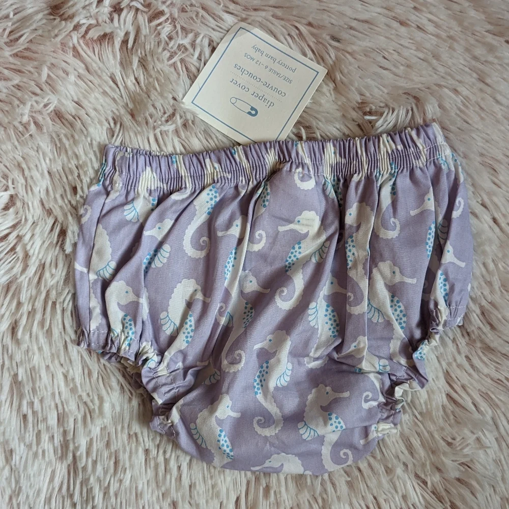 NWT Pottery Barn Kids 6-12 months Diaper Cover Seahorses White/Lilac